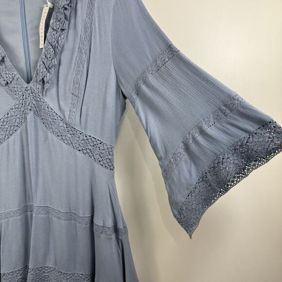 Cottagecore Baltic Born New Blue Mini Dress Medium Lace Trim Flared Sleeve - Picture 10 of 16